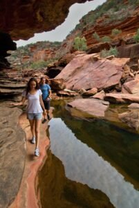 Couple walking along the gorge in Kalbarri National Park