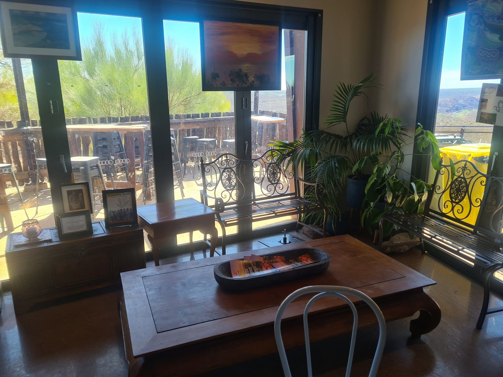 Indoor café seating with large windows at Kalbarri Skywalk