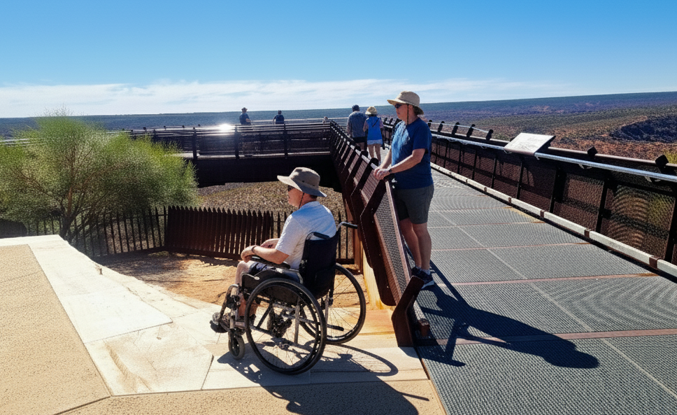Visitor in a wheelchair enjoying the views at Kalbarri Skywalk, with a companion standing nearby.